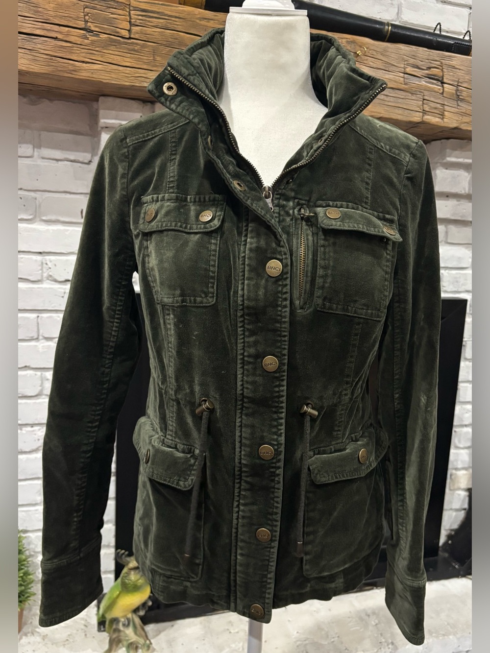 Womens Olive Green Velvet Utility Jacket with Drawstring Waist